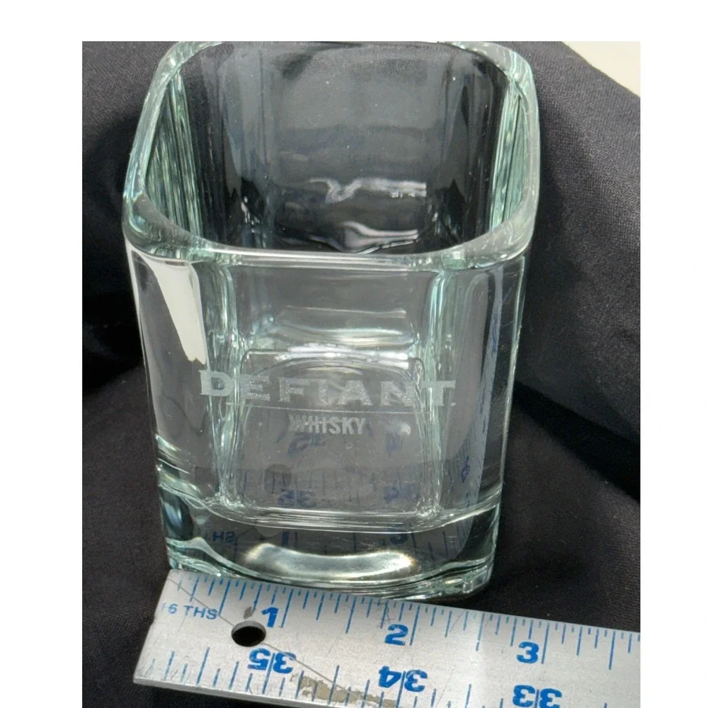Defiant Whisky Square Rocks Glass Etched Logo Clear Heavy Base Barware 4in